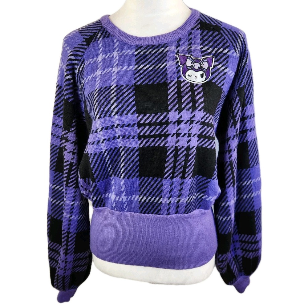 Sanrio Kuromi Womens Knit Plaid Sweater Sz Large Purple Black Bishop Sleeve Top